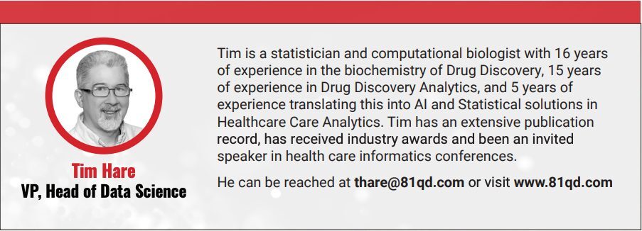 Tim Hare VP and Head of Data Science is a statistician and computational biologist with 16 years of experience in the biochemistry of Drug Discovery, 15 years of experience in Drug Discovery Analytics, and 5 years of experience translating this into AI and Statistical solutions in Healthcare Care Analytics.